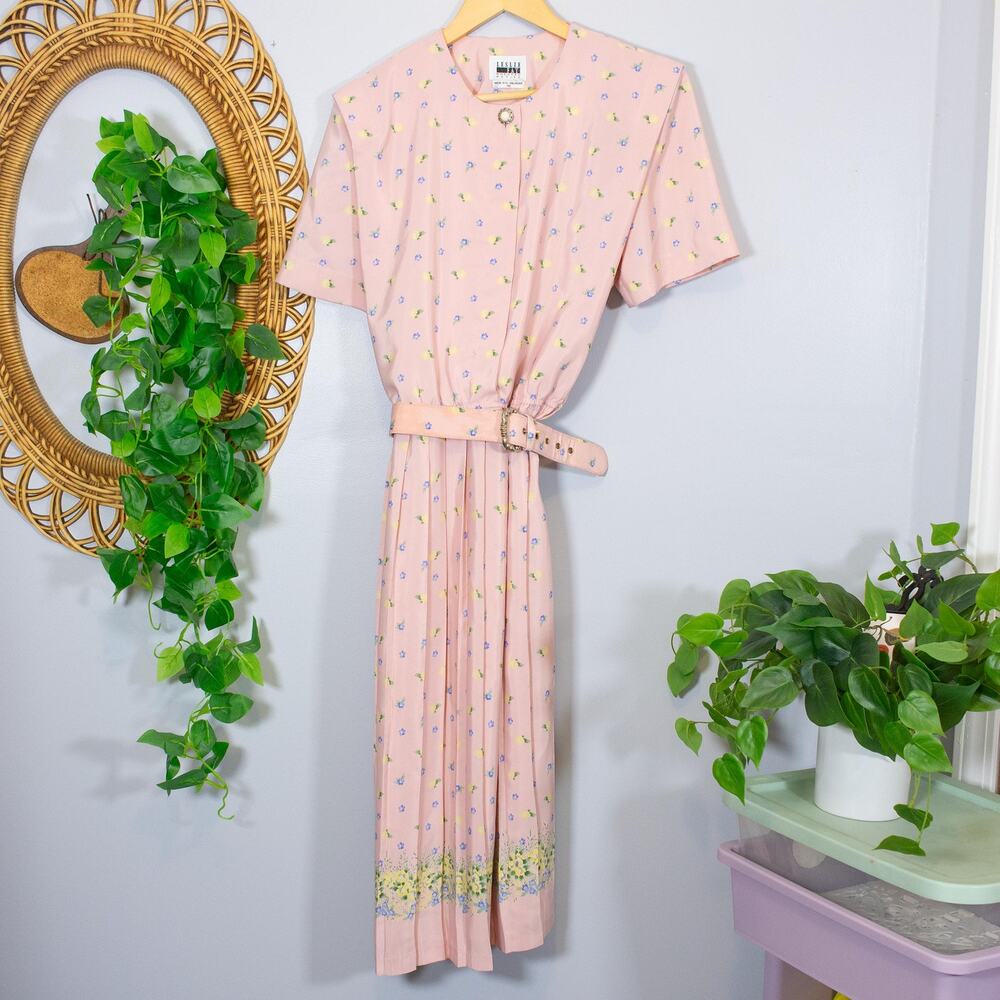 VTG Leslie Fay Ditsy Floral Midi Dress Belted Cottagecore | Light Spring